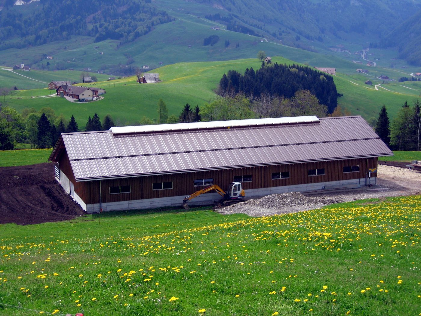 Stall mit Profilblechdach in Appenzeller Landschaft